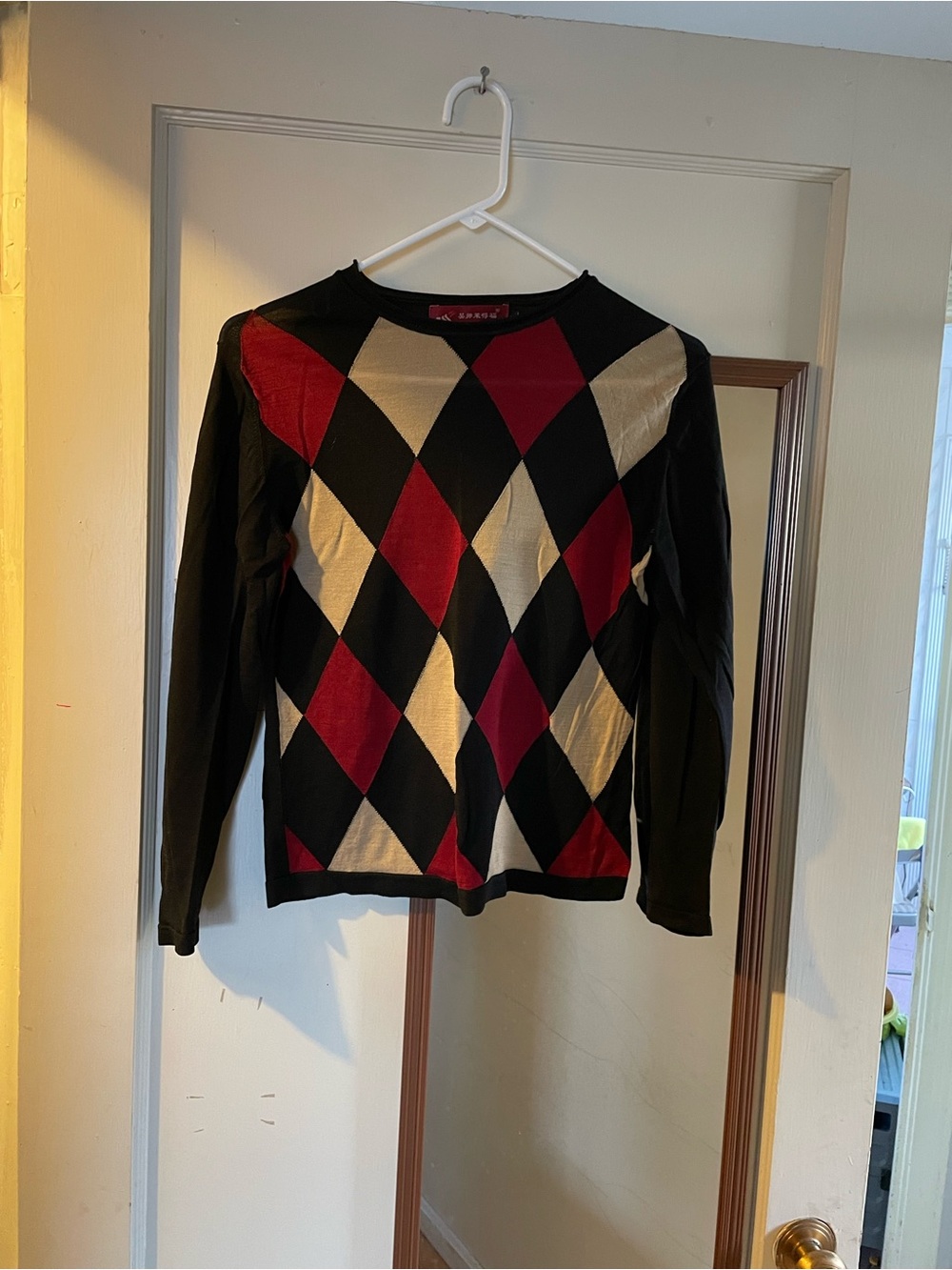 Black Red and Cream Argyle Women’s Sweater